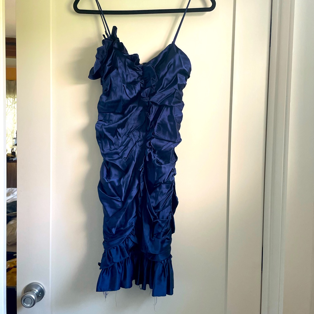 Betsy Johnson Vintage Bright Midnight Blue 100% Silk Strapped Dress With Ruching